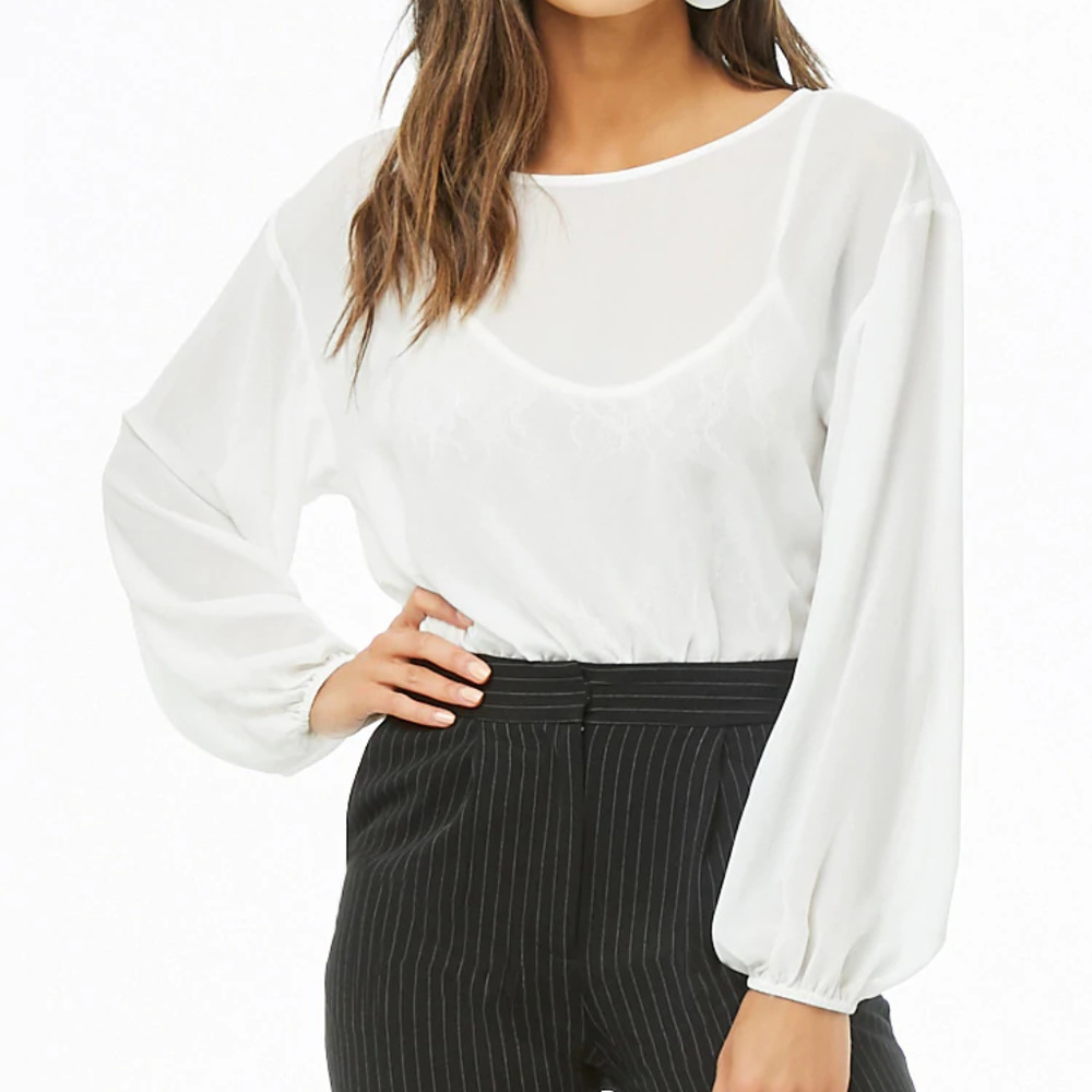 F21 White Long-Sleeve Chiffon Bodysuit XS